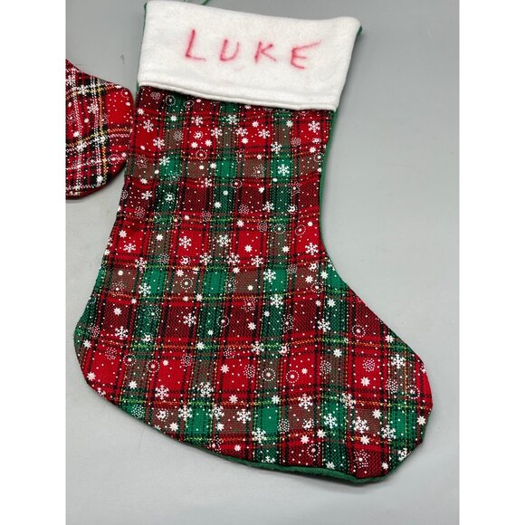 Christmas holiday stocking set 2 red green snowflakes hooks plaid soft felt READ - Picture 2 of 8